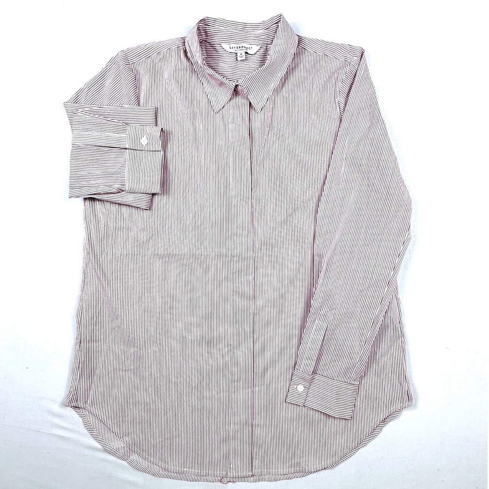 Liverpool Los Angeles Womens Medium Burgundy White Striped Hidden Button Shirt - Picture 3 of 9